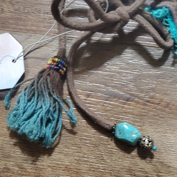 Thaikila Arawak Turquoise Brown Bikini Tassled Lace Overlay - Picture 5 of 8